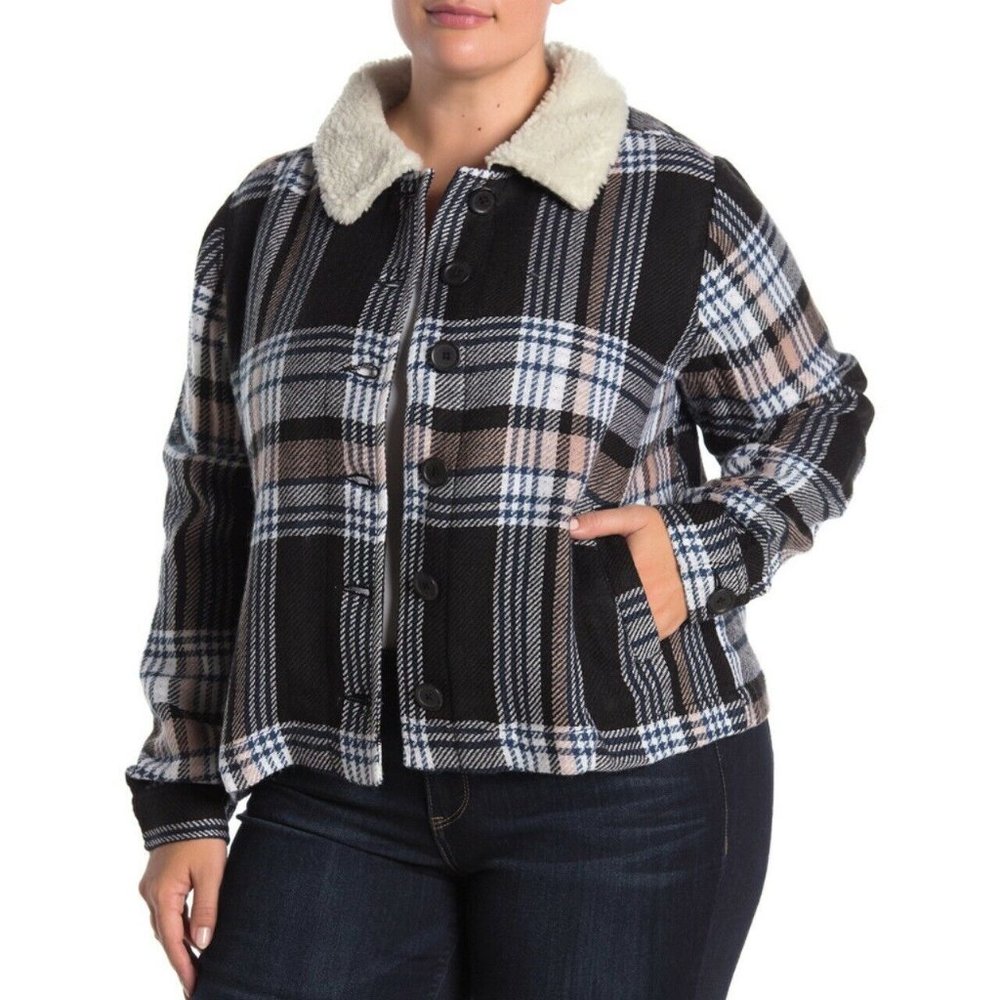Susina Faux Shearling Collar Plaid Jacket BLACK 1X